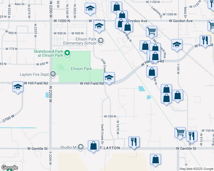 map of restaurants, bars, coffee shops, grocery stores, and more near 1765 West Hill Field Road in Layton