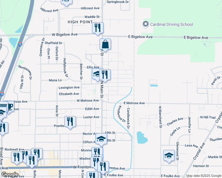 map of restaurants, bars, coffee shops, grocery stores, and more near 118 Santee Avenue in Findlay