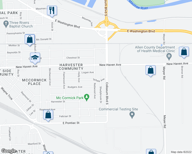 map of restaurants, bars, coffee shops, grocery stores, and more near 2021 Redwood Avenue in Fort Wayne