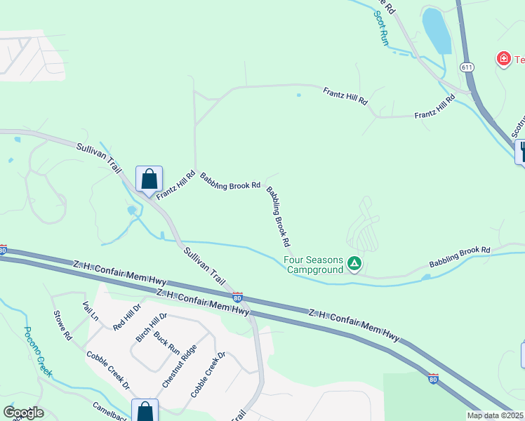 map of restaurants, bars, coffee shops, grocery stores, and more near 168 Babbling Brook Road in Monroe County