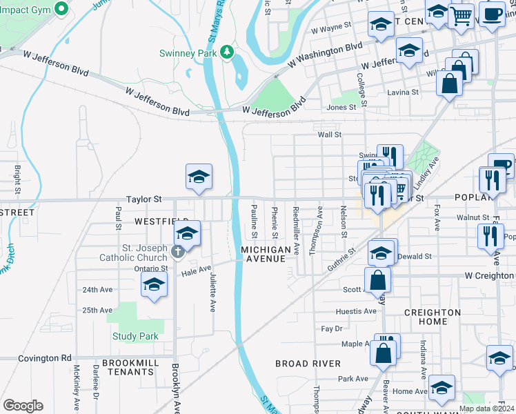 map of restaurants, bars, coffee shops, grocery stores, and more near 2011 Pauline Street in Fort Wayne