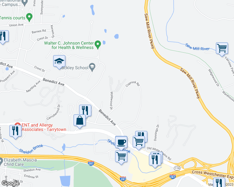 map of restaurants, bars, coffee shops, grocery stores, and more near 16 Trailhead Lane in Tarrytown