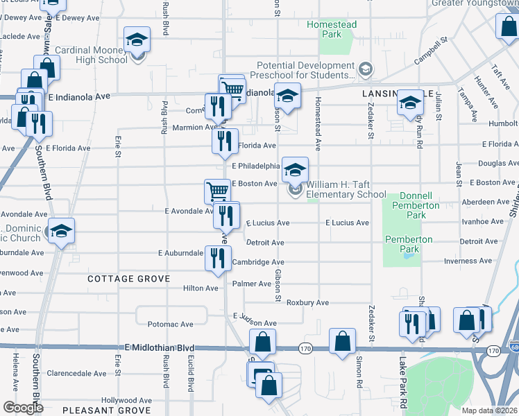 map of restaurants, bars, coffee shops, grocery stores, and more near 548 East Lucius Avenue in Youngstown