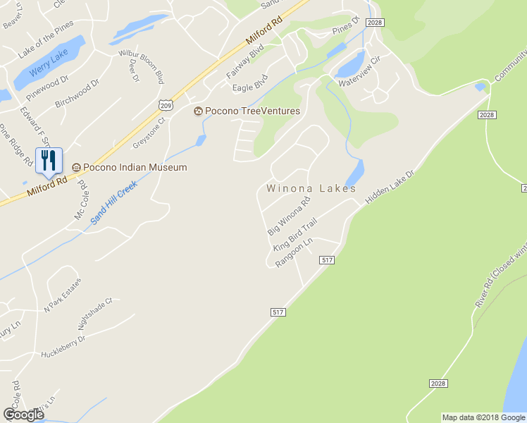 map of restaurants, bars, coffee shops, grocery stores, and more near 205 Maple Lane in East Stroudsburg