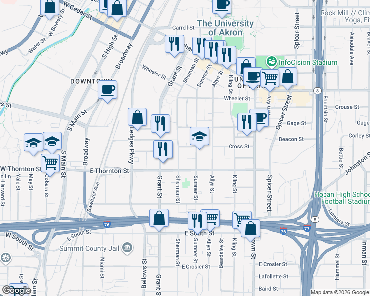 map of restaurants, bars, coffee shops, grocery stores, and more near 586 Greissing Terrace in Akron