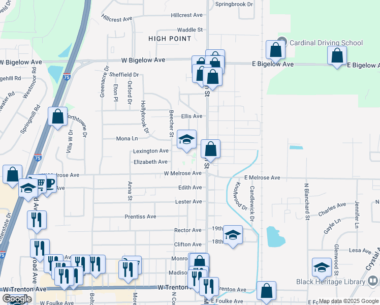 map of restaurants, bars, coffee shops, grocery stores, and more near 133 Lexington Avenue in Findlay