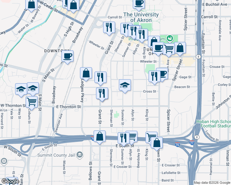 map of restaurants, bars, coffee shops, grocery stores, and more near 586 Greissing Terrace in Akron