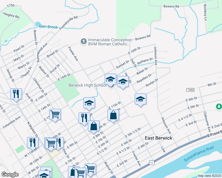 map of restaurants, bars, coffee shops, grocery stores, and more near 1100 Fowler Avenue in Berwick