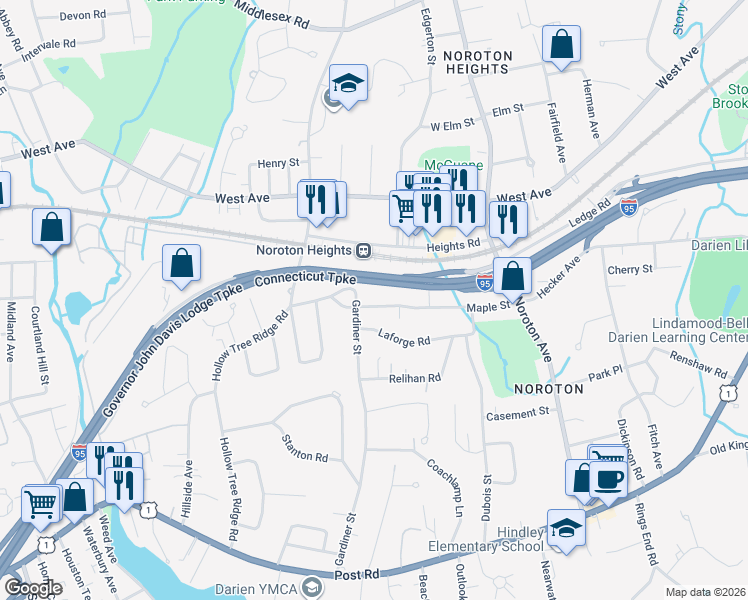 map of restaurants, bars, coffee shops, grocery stores, and more near 70 Maple Street in Darien