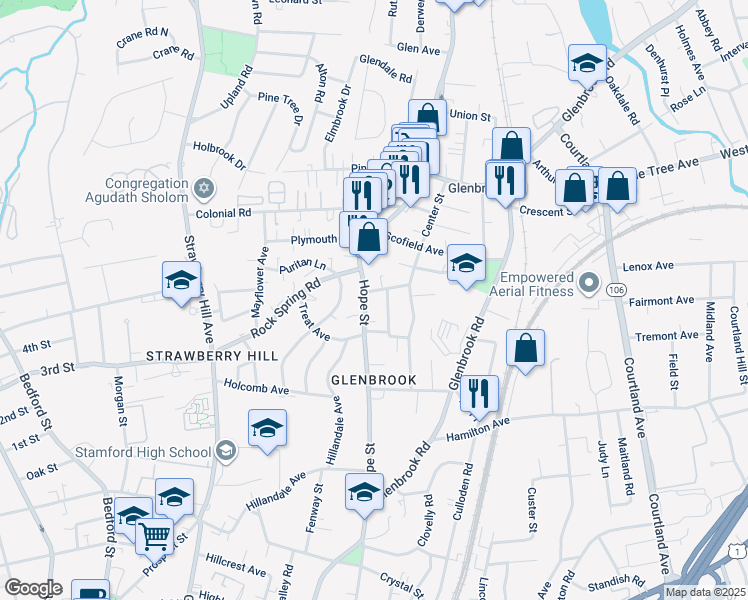 map of restaurants, bars, coffee shops, grocery stores, and more near 41 Frisbie Street in Stamford