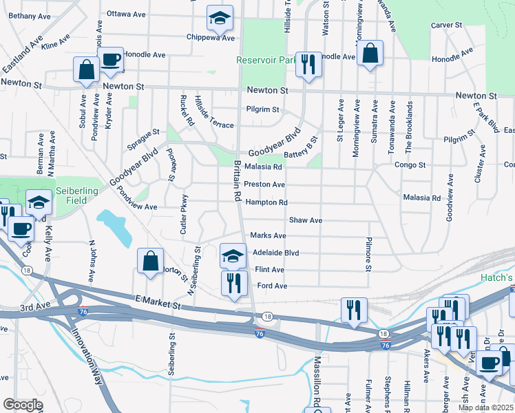 map of restaurants, bars, coffee shops, grocery stores, and more near 1717 Shaw Avenue in Akron