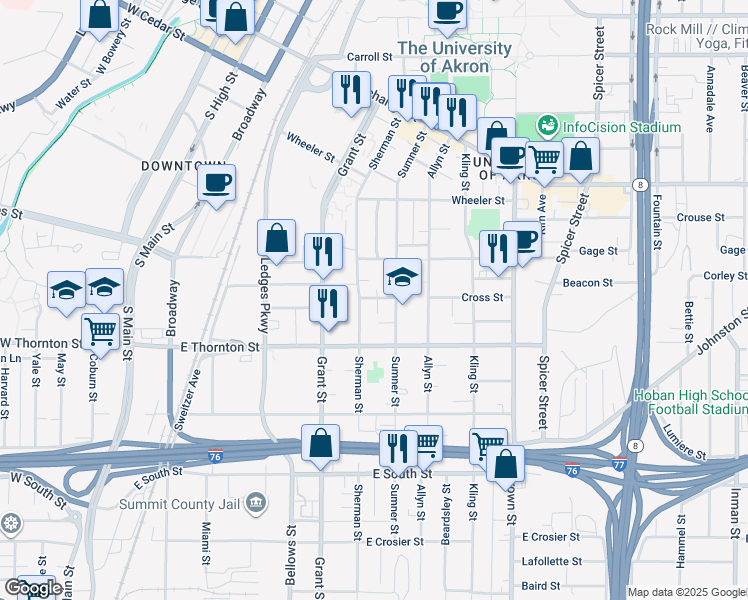 map of restaurants, bars, coffee shops, grocery stores, and more near 586 Greissing Terrace in Akron
