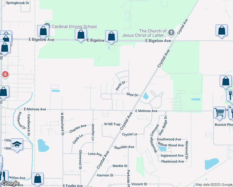 map of restaurants, bars, coffee shops, grocery stores, and more near 2412 Perth Drive in Findlay