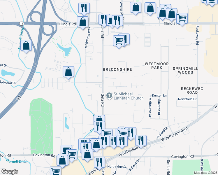 map of restaurants, bars, coffee shops, grocery stores, and more near 6039 Ullyot Drive in Fort Wayne