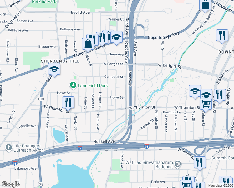 map of restaurants, bars, coffee shops, grocery stores, and more near 382 Howe Street in Akron