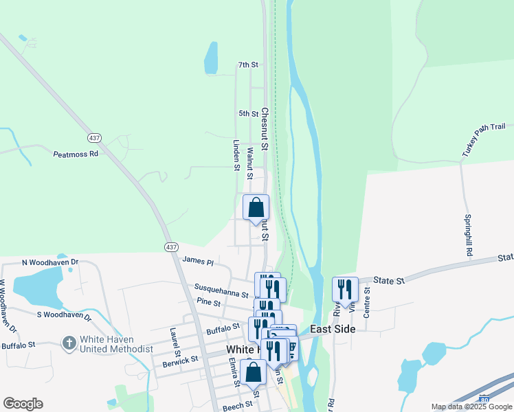 map of restaurants, bars, coffee shops, grocery stores, and more near 23 Walnut Street in White Haven
