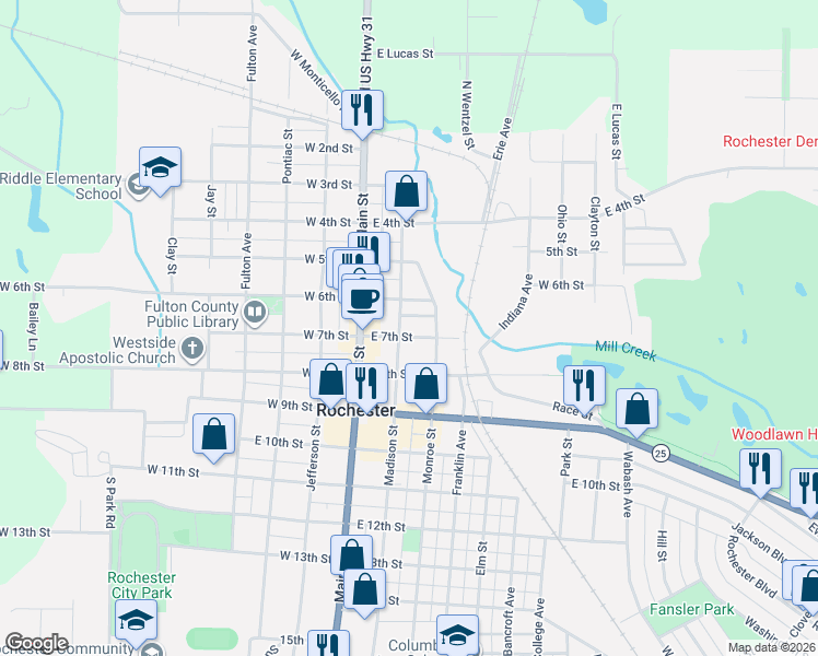 map of restaurants, bars, coffee shops, grocery stores, and more near 201-299 East 7th Street in Rochester