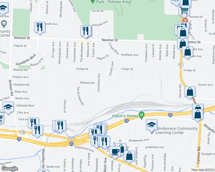 map of restaurants, bars, coffee shops, grocery stores, and more near 241 Cluster Avenue in Akron