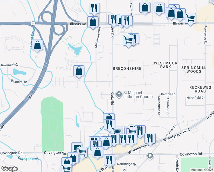 map of restaurants, bars, coffee shops, grocery stores, and more near 1920 Getz Road in Fort Wayne