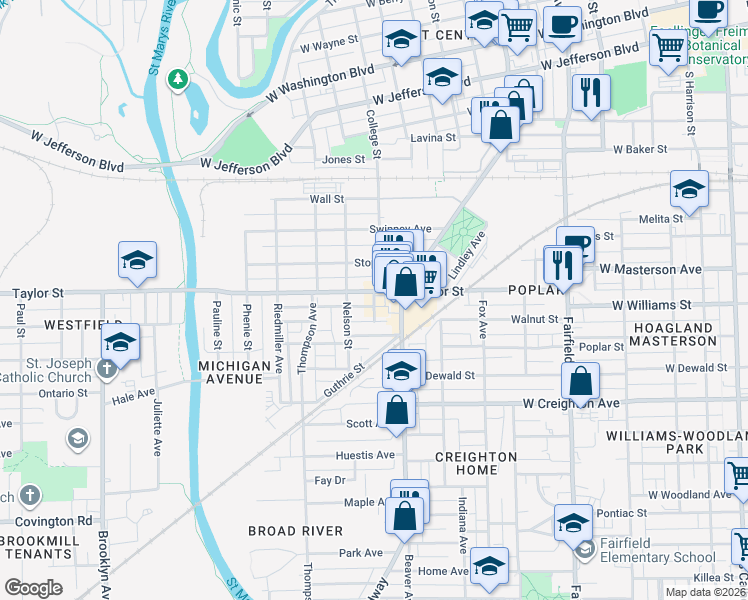 map of restaurants, bars, coffee shops, grocery stores, and more near 2010 Brookside Street in Fort Wayne