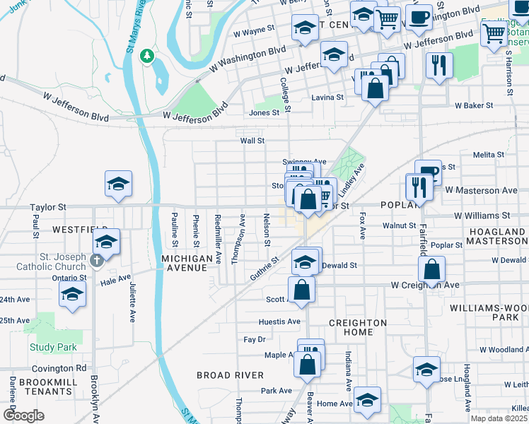 map of restaurants, bars, coffee shops, grocery stores, and more near 2024 Nelson Street in Fort Wayne