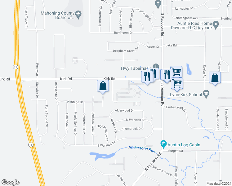 map of restaurants, bars, coffee shops, grocery stores, and more near 4633 Washington Square Drive in Austintown