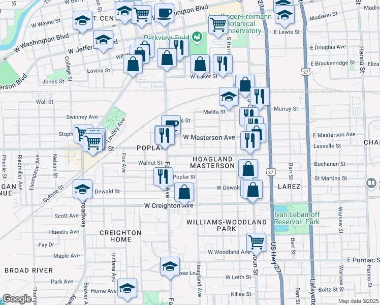 map of restaurants, bars, coffee shops, grocery stores, and more near 412 West Williams Street in Fort Wayne