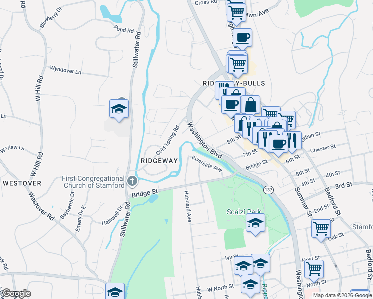 map of restaurants, bars, coffee shops, grocery stores, and more near 314 Hubbard Avenue in Stamford