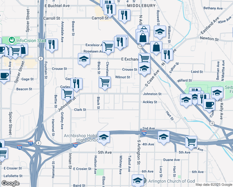 map of restaurants, bars, coffee shops, grocery stores, and more near 424 Bruner Street in Akron