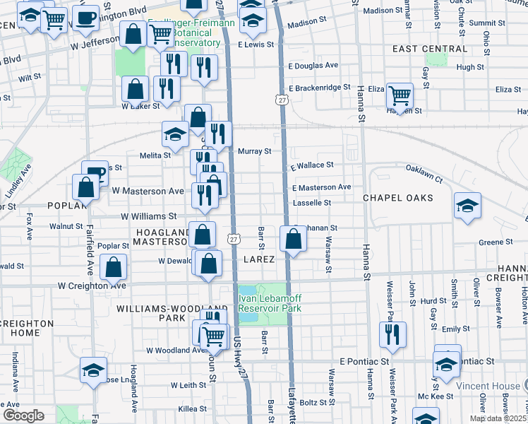 map of restaurants, bars, coffee shops, grocery stores, and more near 326 East Williams Street in Fort Wayne