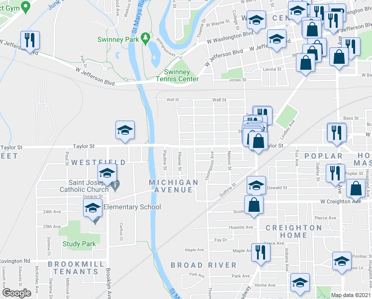 map of restaurants, bars, coffee shops, grocery stores, and more near 2022 Riedmiller Avenue in Fort Wayne