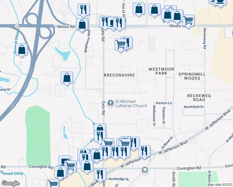map of restaurants, bars, coffee shops, grocery stores, and more near 6039 Ullyot Drive in Fort Wayne