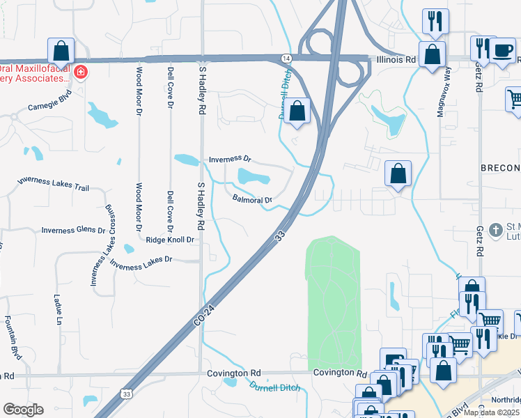 map of restaurants, bars, coffee shops, grocery stores, and more near 1911 S Hadley Rd in Fort Wayne