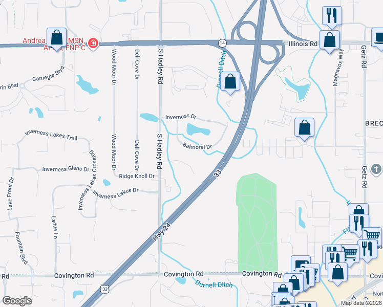 map of restaurants, bars, coffee shops, grocery stores, and more near 1903 South Hadley Road in Fort Wayne