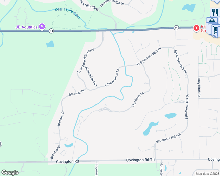 map of restaurants, bars, coffee shops, grocery stores, and more near 11525 West Sycamore Hills Drive in Fort Wayne