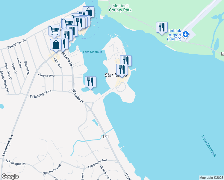 map of restaurants, bars, coffee shops, grocery stores, and more near Star Island Road in Montauk