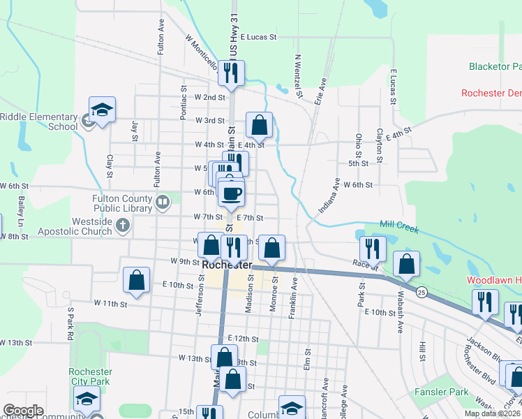 map of restaurants, bars, coffee shops, grocery stores, and more near 201-299 East 7th Street in Rochester