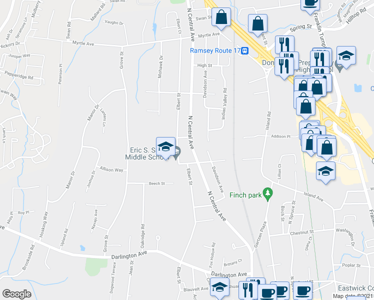 map of restaurants, bars, coffee shops, grocery stores, and more near 331 North Central Avenue in Ramsey
