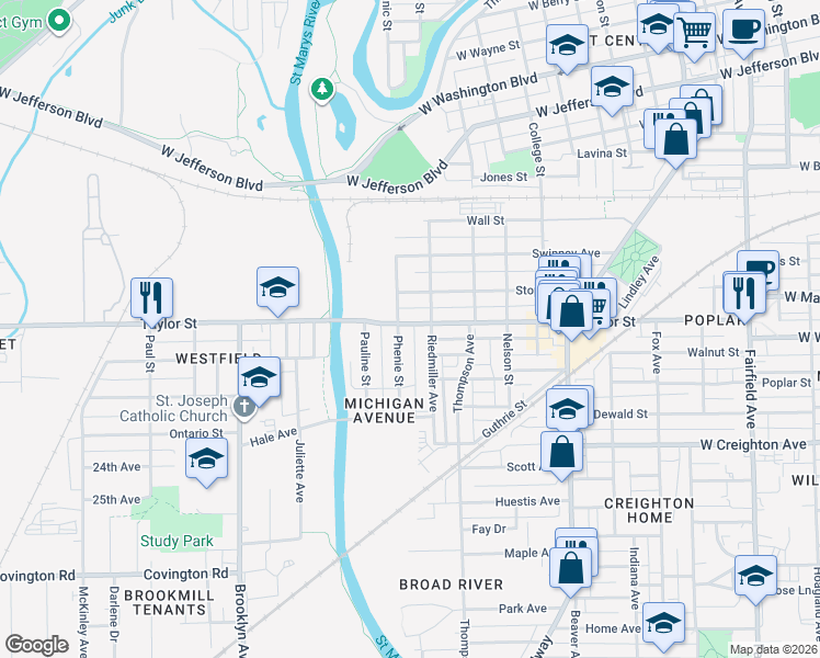 map of restaurants, bars, coffee shops, grocery stores, and more near 1521 Taylor Street in Fort Wayne