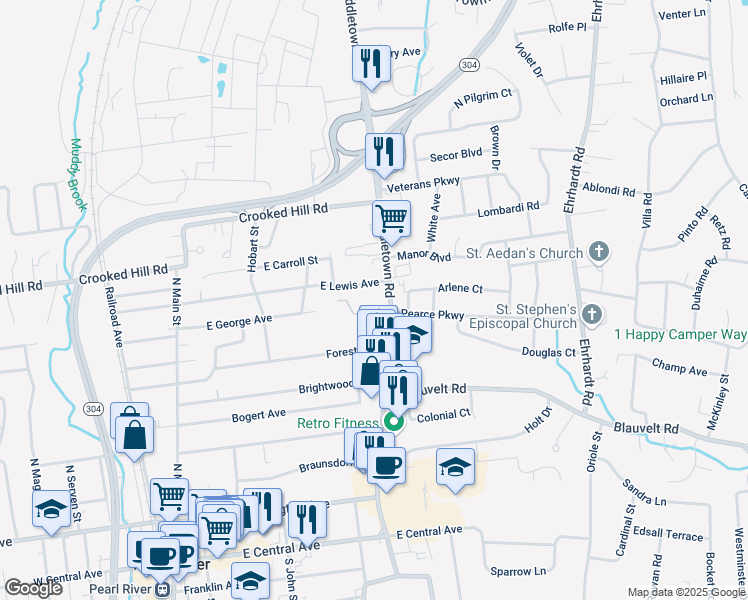 map of restaurants, bars, coffee shops, grocery stores, and more near 239 North Middletown Road in Pearl River