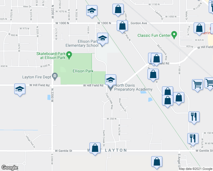 map of restaurants, bars, coffee shops, grocery stores, and more near 378 North Cold Creek Way in Layton