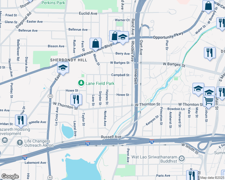 map of restaurants, bars, coffee shops, grocery stores, and more near 972 Raymond Street in Akron