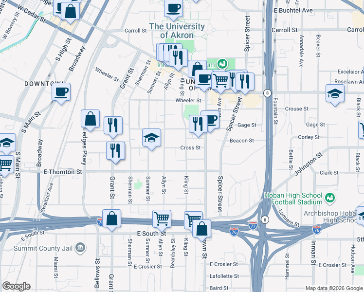 map of restaurants, bars, coffee shops, grocery stores, and more near 567 Kling Street in Akron