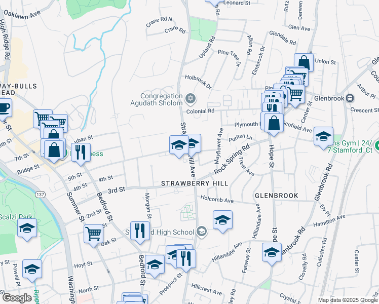 map of restaurants, bars, coffee shops, grocery stores, and more near Strawberry Hill Avenue in Stamford