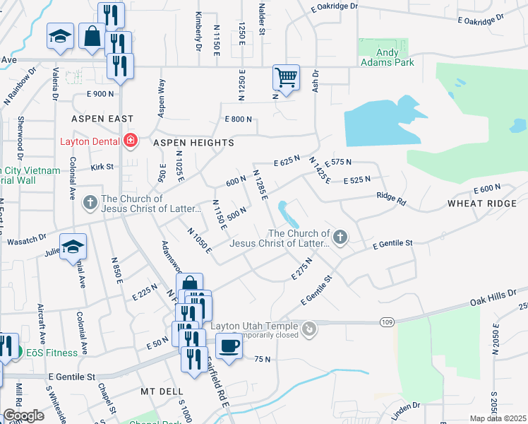 map of restaurants, bars, coffee shops, grocery stores, and more near 478 1375 East in Layton