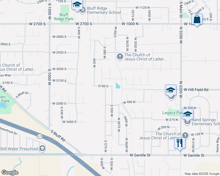 map of restaurants, bars, coffee shops, grocery stores, and more near 3204 South 550 West in Syracuse