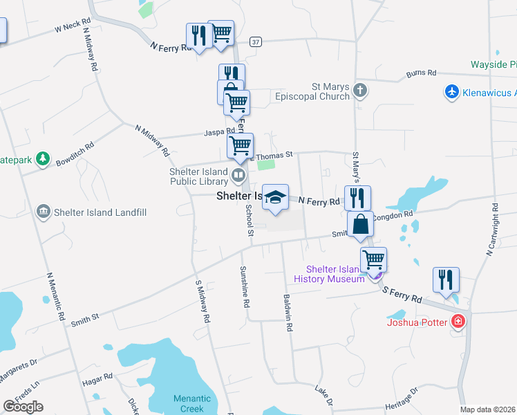 map of restaurants, bars, coffee shops, grocery stores, and more near 33 North Ferry Road in Shelter Island