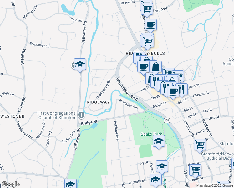 map of restaurants, bars, coffee shops, grocery stores, and more near in Stamford