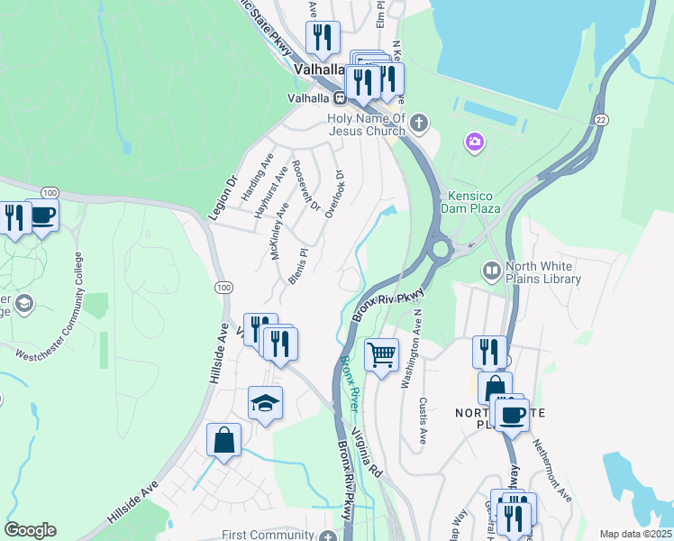 map of restaurants, bars, coffee shops, grocery stores, and more near 135-145 South Kensico Avenue in Valhalla