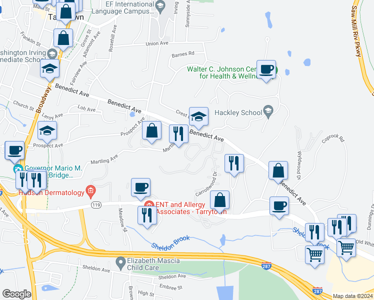 map of restaurants, bars, coffee shops, grocery stores, and more near 381 Carrollwood Drive in Tarrytown